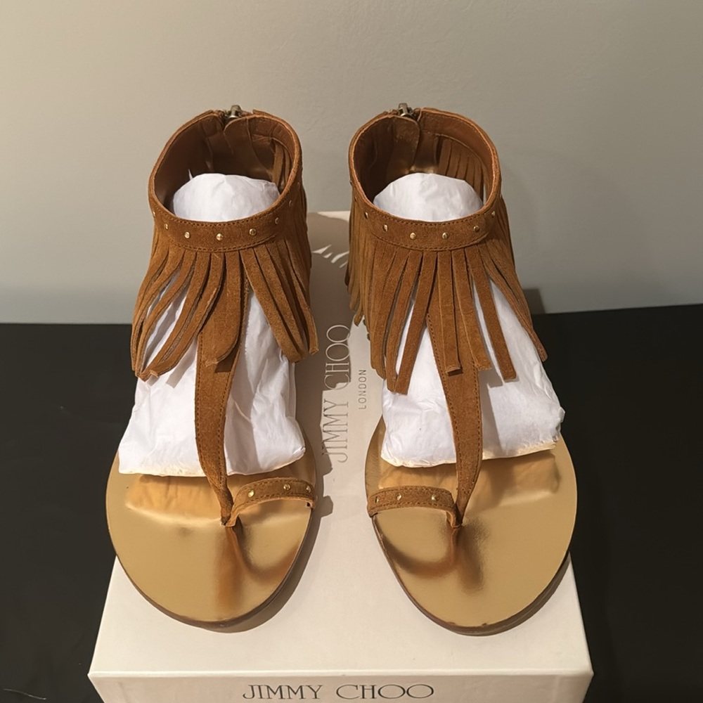 JIMMY CHOO LIKE NEW URIEL FRINGED ANKLE FLATS IN TAN SUEDE SIZE EU 38